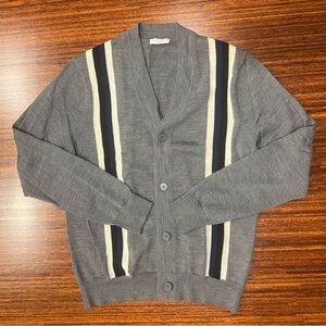 Sandro Paris Men's Gray Striped Merino Wool Cardigan V-Neck Long Sleeve Sweater